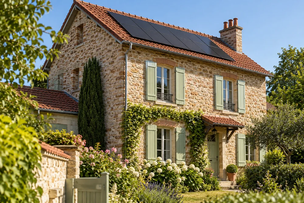 Maison fictive avec une toiture photovoltaïque, illustration éditoriale sans localisation réelle.