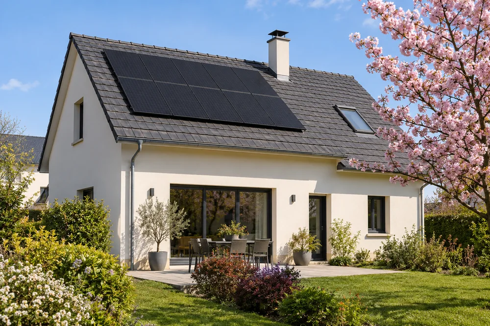 Maison fictive avec une toiture photovoltaïque, illustration éditoriale sans localisation réelle.