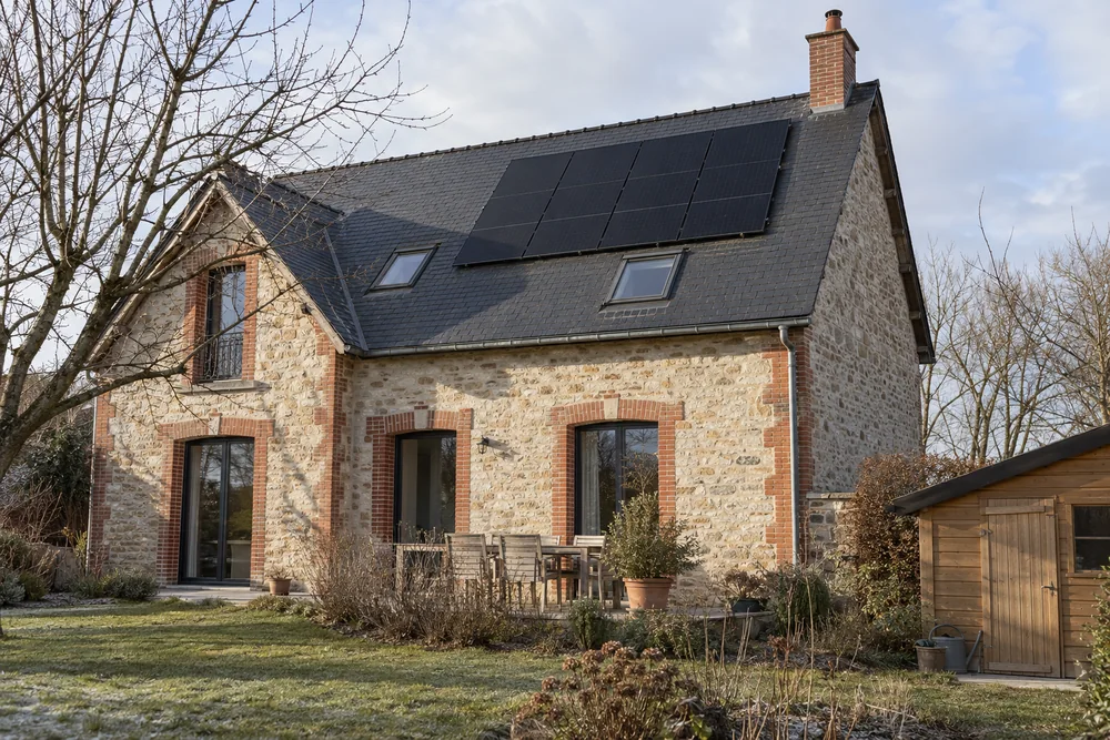 Maison fictive avec une toiture photovoltaïque, illustration éditoriale sans localisation réelle.