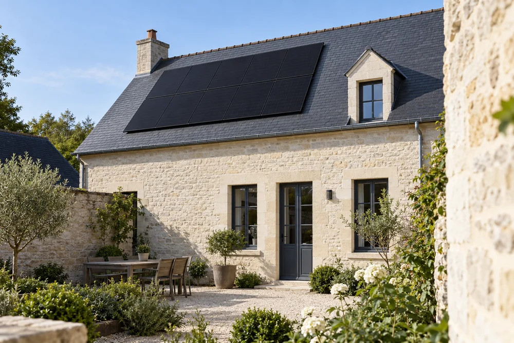 Maison fictive avec une toiture photovoltaïque, illustration éditoriale sans localisation réelle.
