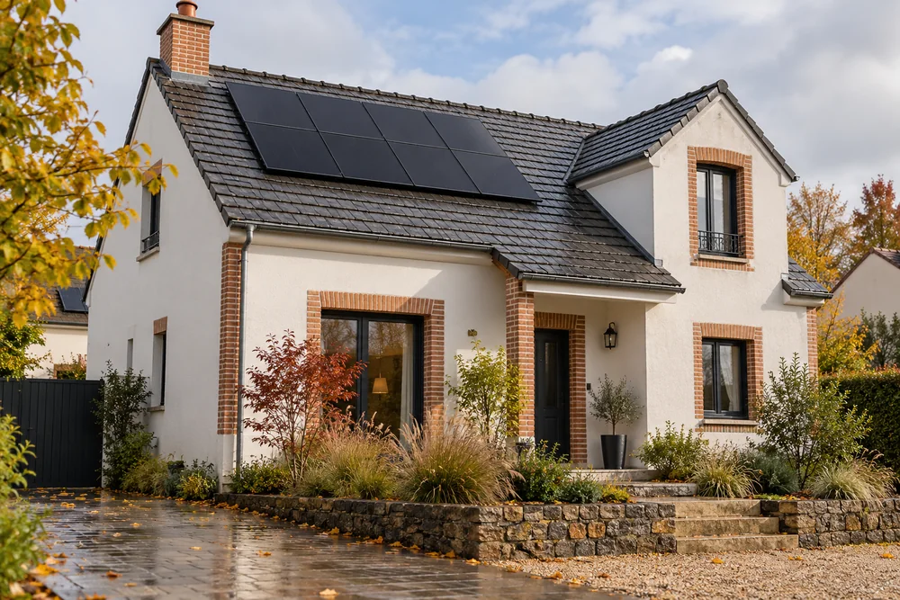 Maison fictive avec une toiture photovoltaïque, illustration éditoriale sans localisation réelle.